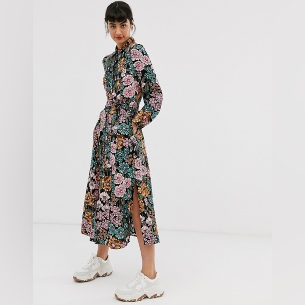 Monki Floral Tie-Waist Long Sleeve Dress Size M - Picture 2 of 10